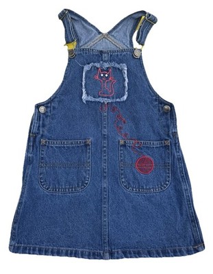 Arizona Kitty Cat Yarn Denim Overall Dress Girls Size 5 Vintage Embroidered