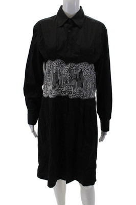 Dries Van Noten Women's Long Sleeves Button Lace Trim Flare Dress Black Size 40