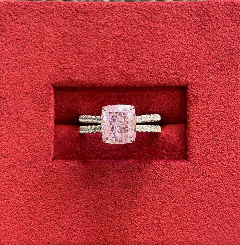 3.80 Ct Cushion Cut Real Pink Sapphire & Diamond 14K Solid White Gold Size 7 - Image 2 of 4