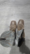 Ariat Western Cowboy Boots Brown Leather Square Toe Pull-On Blue Stitching