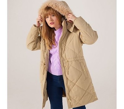 Centigrade Women Longline Padded Coat Hood  Detachable Fur Beige 2XL Rrp £105