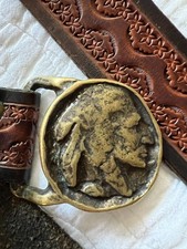 Vintage 70's Leather Belt Solid Brass Indian Head Nickel Buckle Native Sz M