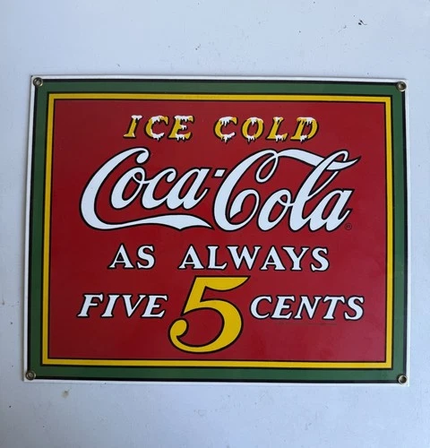 Vintage Ande Rooney Coca-Cola Porcelain Enamel Sign As Always 5 Cents 1990 13x10