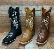 Womens Western Rodeo Square Toe Cowgirl Boots Leather flower design bota E-254