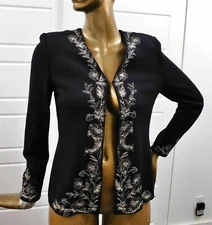 St John Evening Black Santana Knit Gold Embroidered Jeweled Jacket Blazer sz 8