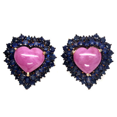 Natural Pink Ruby Blue Sapphire Earrings 925 Sterling Silver Fine Jewelry