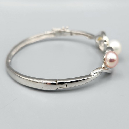 Pink White Champagne Pearl Sterling Silver Hinge Bangle Bracelet 6.75" 12.9g - Picture 6 of 12
