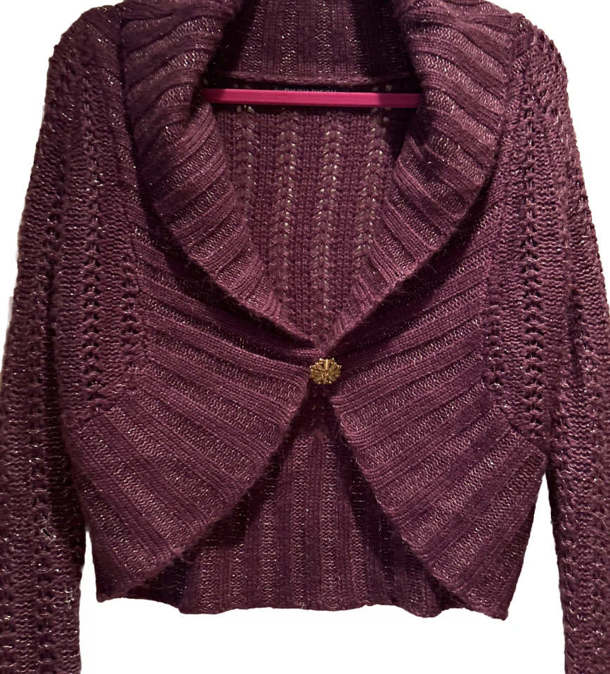 🧣🌹⚫️Bisou Bisou Cárdigan Recortado Suéter Borgoña/Dorado Metálico Para Mujer Talla M Foto 3 de 4