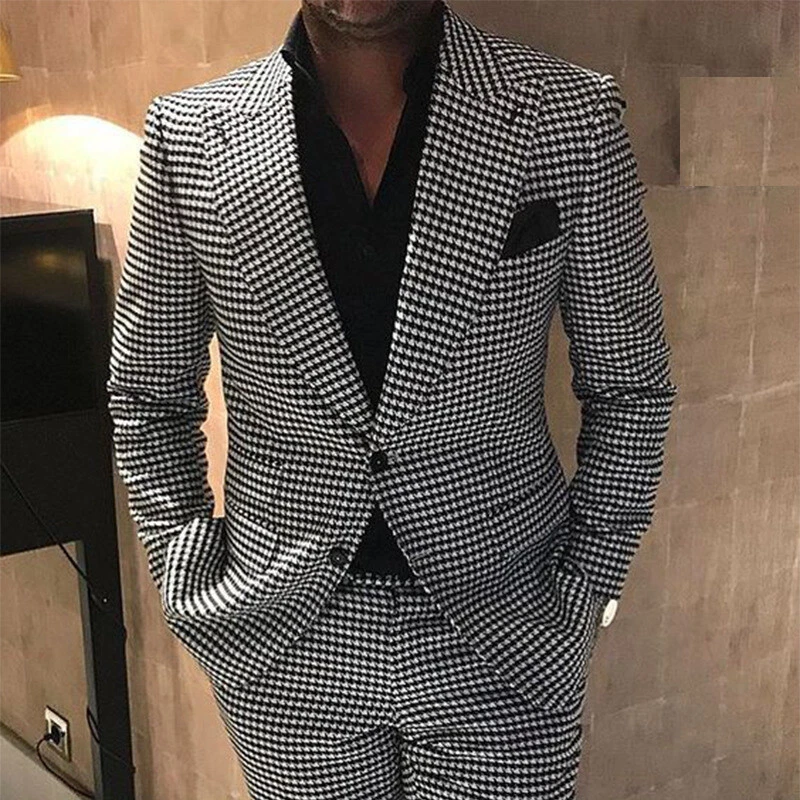 Men s suit groom dress slim Houndstooth jacket coat pants wedding