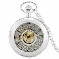 Black/Silver Hollow Flower Case Unisex Quartz Pocket Watch Necklace Chain Gift