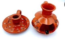 Terracotta Mexican Red Clay Incense Burner Ash Tray & Candle Holder  2 piece set