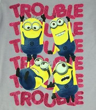 NWT Despicable Me Minions Purple Trouble T-shirt Lavender Pink Glitter Writing