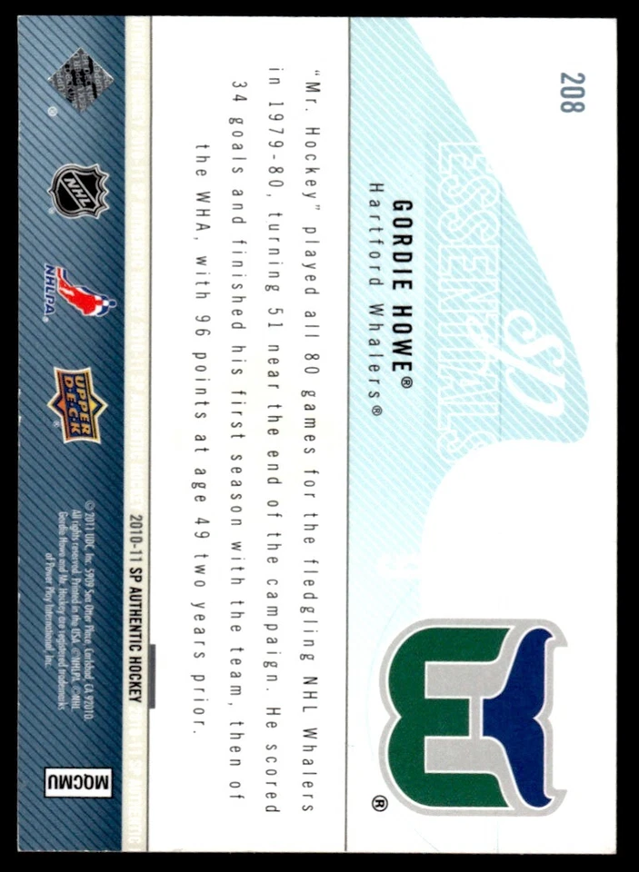 2010-11 SP Authentic Gordie Howe 1452/1999 Hartford Whalers #208 - Image 2 of 2