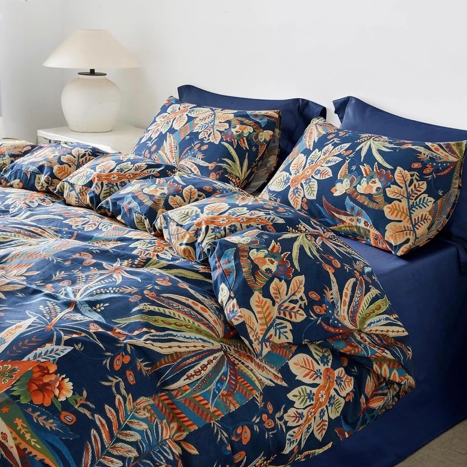 NOVO Conjunto de Edredom Falsa Anthropologie Azul Floral Algodão Egípcio Boho King - Imagem 2 de 4