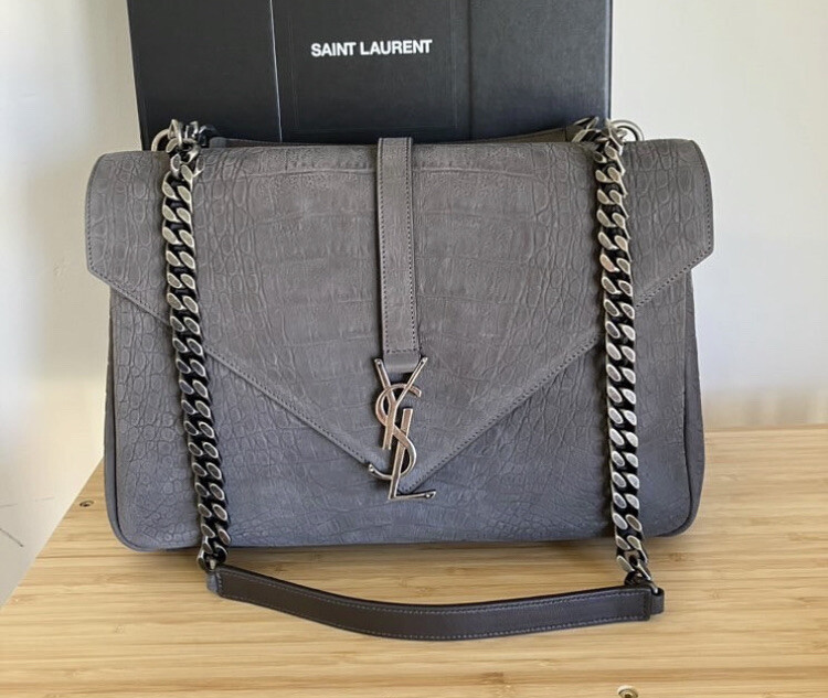 YSL Saint Laurent Borsa da college in pelle scamosciata grande grigia