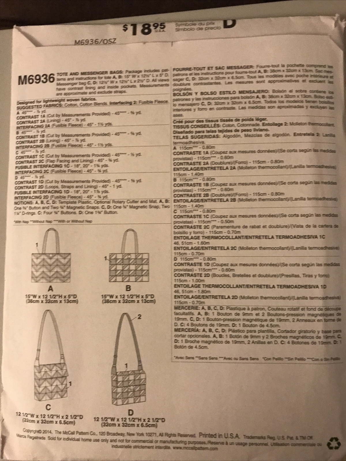 McCalls 6936 Uncut FF Purse Book Bag Whistlepig Creek Sewing Pattern ...