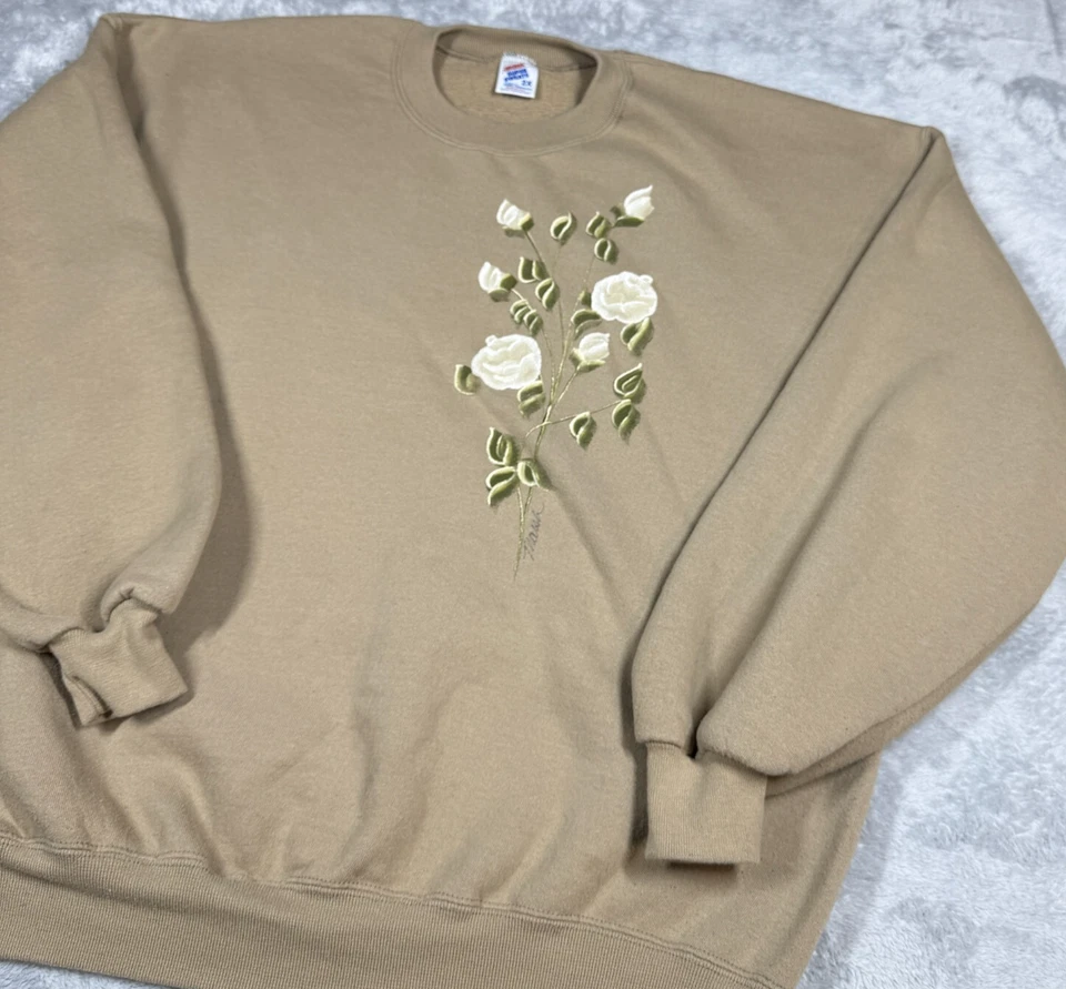 Sudadera Vintage Jerzees Super Sweats 2X Beige Tostado Floral Cottagecore Abuela Foto 2 de 4