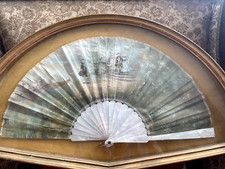 Antique French Painted Hand Fan Gilt Mother of Pearl Scenic Men Women Framed