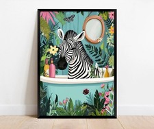 Zebra in Bathtub Bathroom Wall Art, Tropical Floral Print, Funny Animal Decor