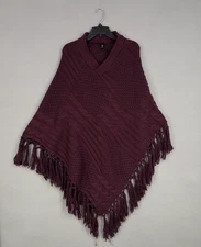 Torrid Sweater Poncho Womens One Size Burgundy Cable Knit Fringe Shawl Wrap