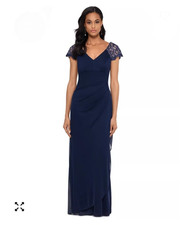 Brand new navy blue Xscape Prom/formal  gown with lace cap sleeves and gathere