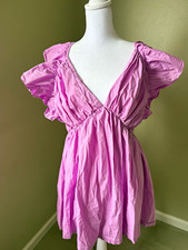 Showpo Pink Solid V-Neck Puff Sleeve Open Back Mini Dress Size 18