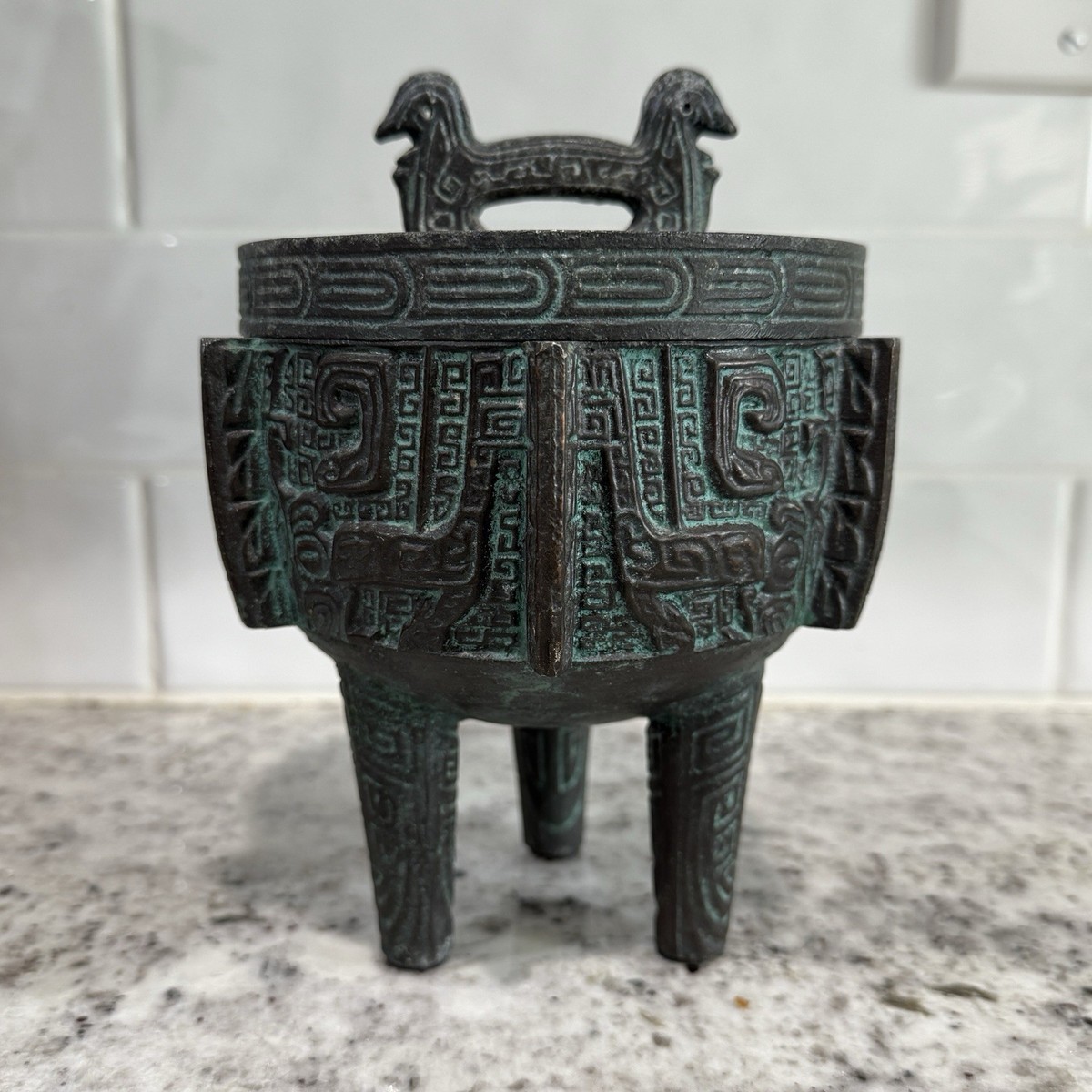 Vintage 60s James Mont MCM Verdigris Metal Ice Bucket Aztec Taiwan