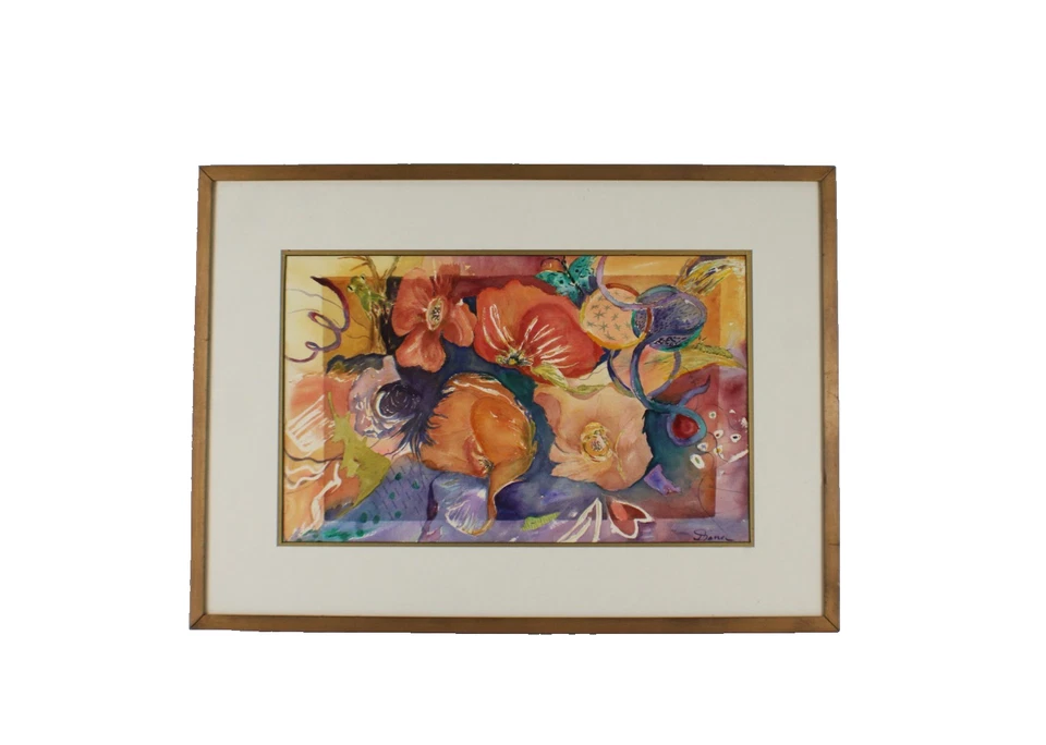 Mid Century Colorful Vibrant Floral Abstract  Watercolor Painting  Signed Diana - Image 2 of 4