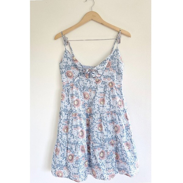 Moodie Medium Floral Tie Front Keyhole Cami Mini Dress Blue Sundress Resort