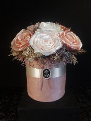 Flower box Silk Heritage, White & Pink satin roses, Luxury Unique Gift, Handmade