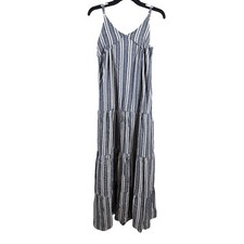 Striped Linen Blend Maxi Dress Adjustable Straps Flowy Bohemian Summer Dress