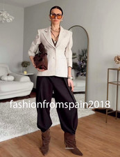 ZARA NEW WOMAN HIGH-WAIST BALLOON STRIPED PLEATED PANTS BROWN ECRU 3152/537/087