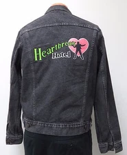 vtg HEARTBREAK HOTEL Black Jean Jacket Fits S/M 80s rock n' roll trucker denim