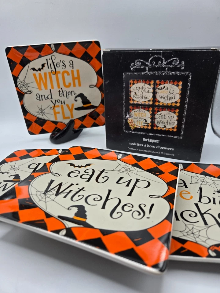 Pier 1 Halloween S/4 Dichos de Brujas 6 pulgadas Cuadrado Aperitivo Platos de Postre • Caja Foto 2 de 4