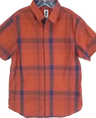 Howe-Mens Short Sleeve Casual Button Down Shirt-Large-Red/Rust-Plaid-100% Cotton