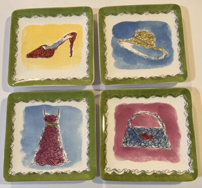 Set Of 4 Dolomite Pier 1 Imports Square Appetizer Plates 6  Shoe~Dress~Purse~Hat