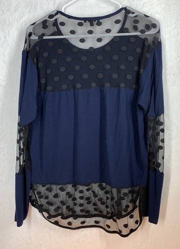 Womens JOIA NYC Size M Navy Long Sleeve Top Shirt Blouse Lace Polka Dot - Picture 3 of 7