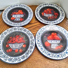 Blue and White 8'' Plates Made In Italy With Fruit Pattern In Middle Set of 4