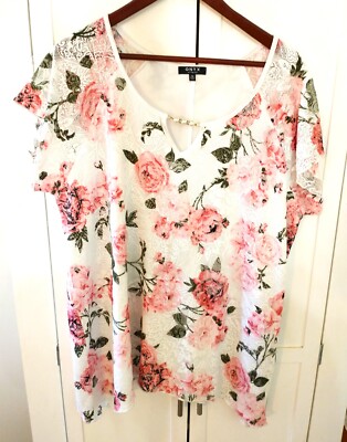 Onyx Floral Design Lined Lacy Top/Blouse w Pearl & Rhinestone Accents Size 2X
