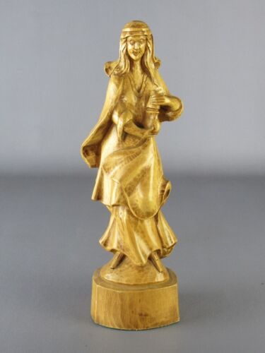 Vintage Statue Femme Avec Urne Sculpture Bois 32CM Sculpté à la Main Xx Seconde - Photo 1/10