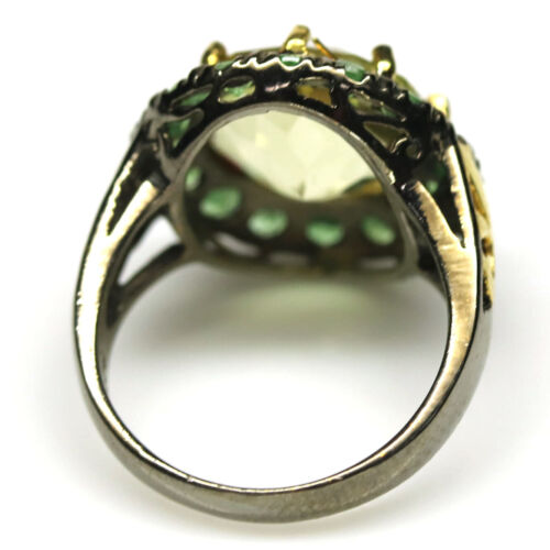 925 Silver 11 mm. Yellow Lemon Quartz & Tsavorite Garnet Jewelry Ring Size 4.75 - Picture 3 of 4