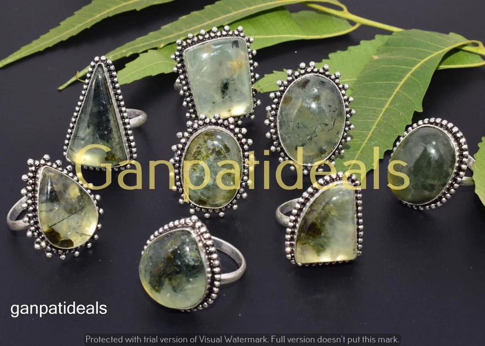 ¡OFERTA!! Lote al por mayor de anillos de piedras preciosas de prehnita enchapados en plata 925 joyas Foto 3 de 4