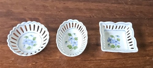 Vintage Andrea by Sadek Reticulated Trinket Dishes Purple Floral Porcelain