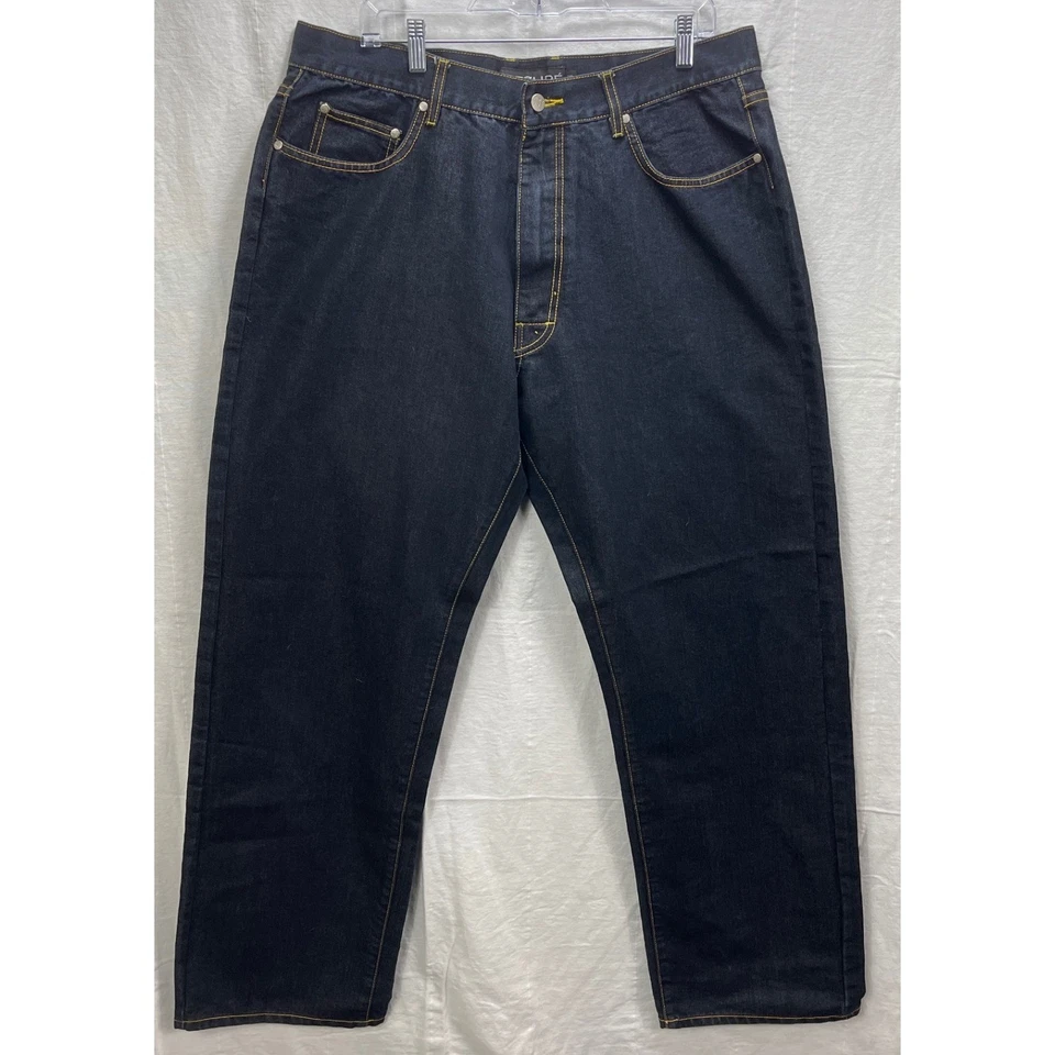 Pantalones de mezclilla Azzure Love Life para hombre talla 38 con detalles de puntada amarilla lavado oscuro Foto 2 de 4