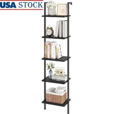 5-Tier Wall Mounted Ladder Shelf Wood Bookshelf Metal Frame Space Saving Display