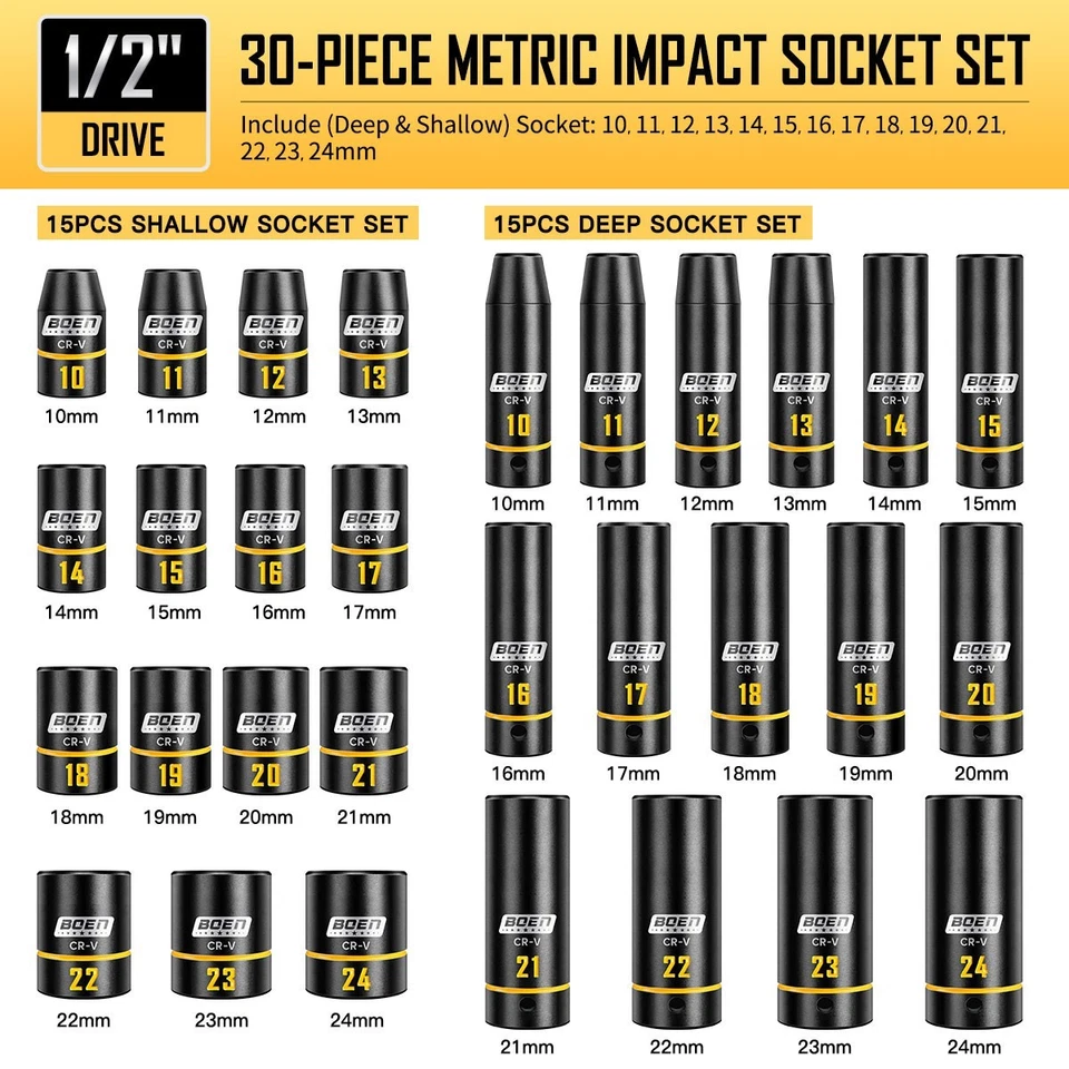 1/2" Drive Impact Socket Set, 65-Pcs  SAE (3/8" to 1-1/4") & Metric (10mm-24mm) - Image 2 of 4
