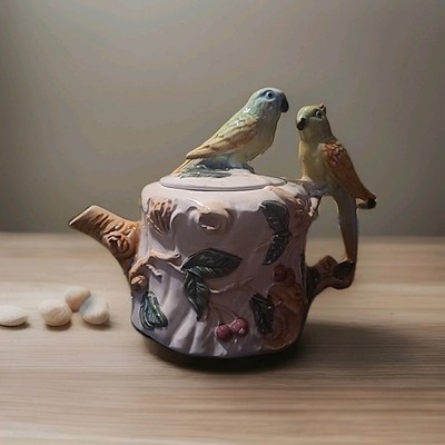 Barbotine (Slipware) Teapot featuring branches, cherries, and parakeets.
