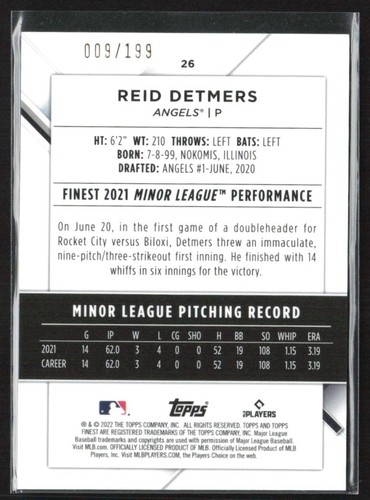 Reid Detmers 2022 Topps Finest Aqua Refractor RC /199 #26 Los Angeles Angels - Foto 2 di 2
