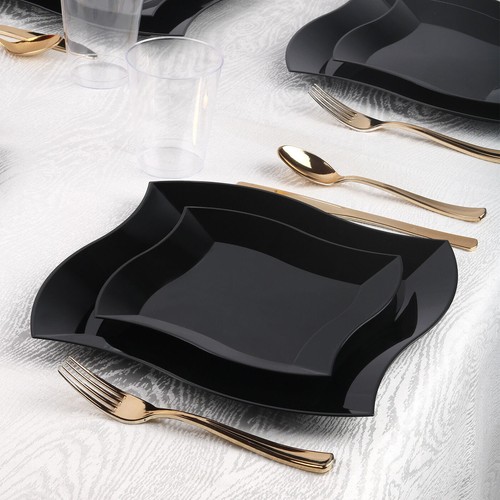 Disposable Plastic Dinnerware Set Party Package Square Wave Design Dinner Plates - Picture 11 of 57