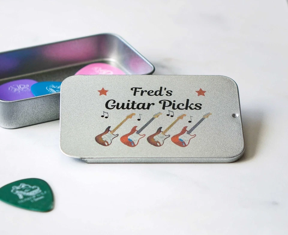 Personalised Guitar Plectrum Picks Pocket Sized Tin Holder Gift For Musician